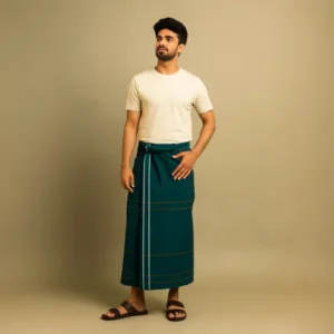 Premium Cotton Checked Lungi for Men – Soft & Breathable Traditional Wear in Teal Green
