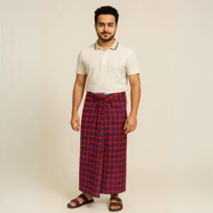 ATM Premium Cotton Lungi for Men – Traditional Red & Blue Check Design