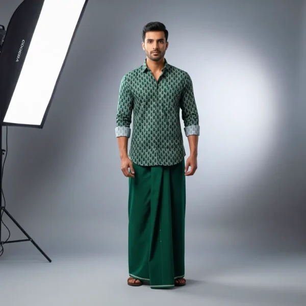 Premium Green Lungi with Golden Border